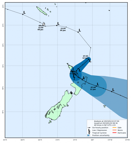 Track Map for Cyclone Hale, issued by MetService at 8:36am Jan 10th 2023.